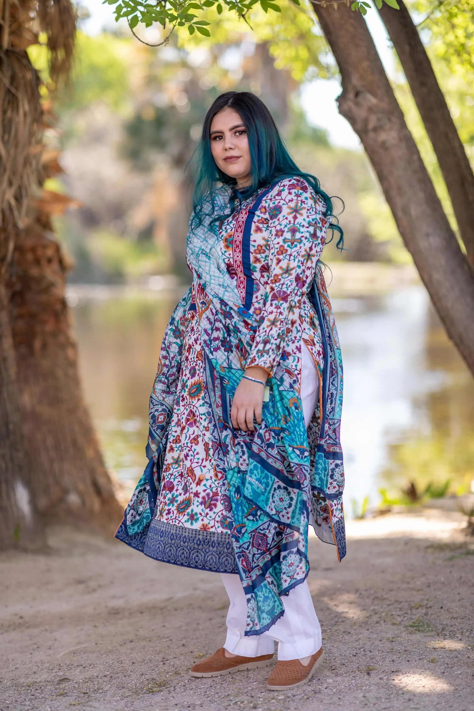 Cotton Multi-Color Embroidery Shirt with Silk Printed Dupatta-Scarf