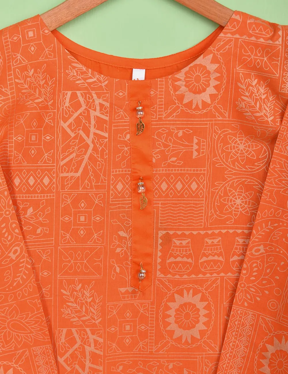 Cotton Printed Stitched Kurti Embellished With Tassels On Neckline - (TS-074A-Orange)