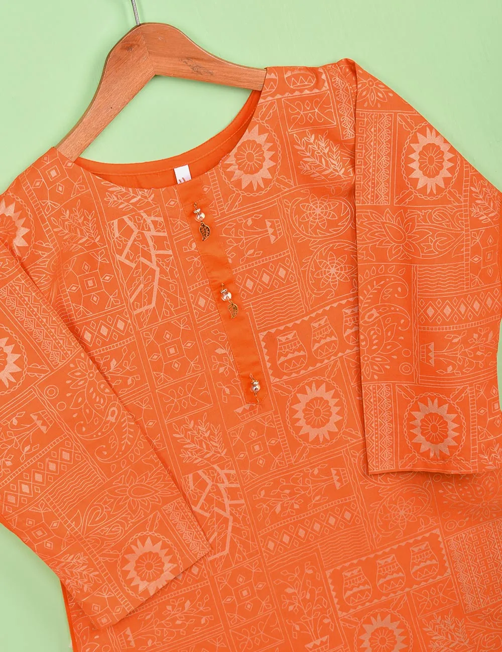 Cotton Printed Stitched Kurti Embellished With Tassels On Neckline - (TS-074A-Orange)