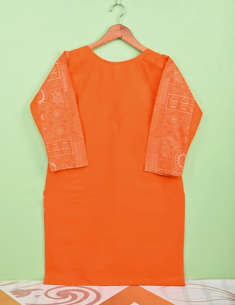 Cotton Printed Stitched Kurti Embellished With Tassels On Neckline - (TS-074A-Orange)