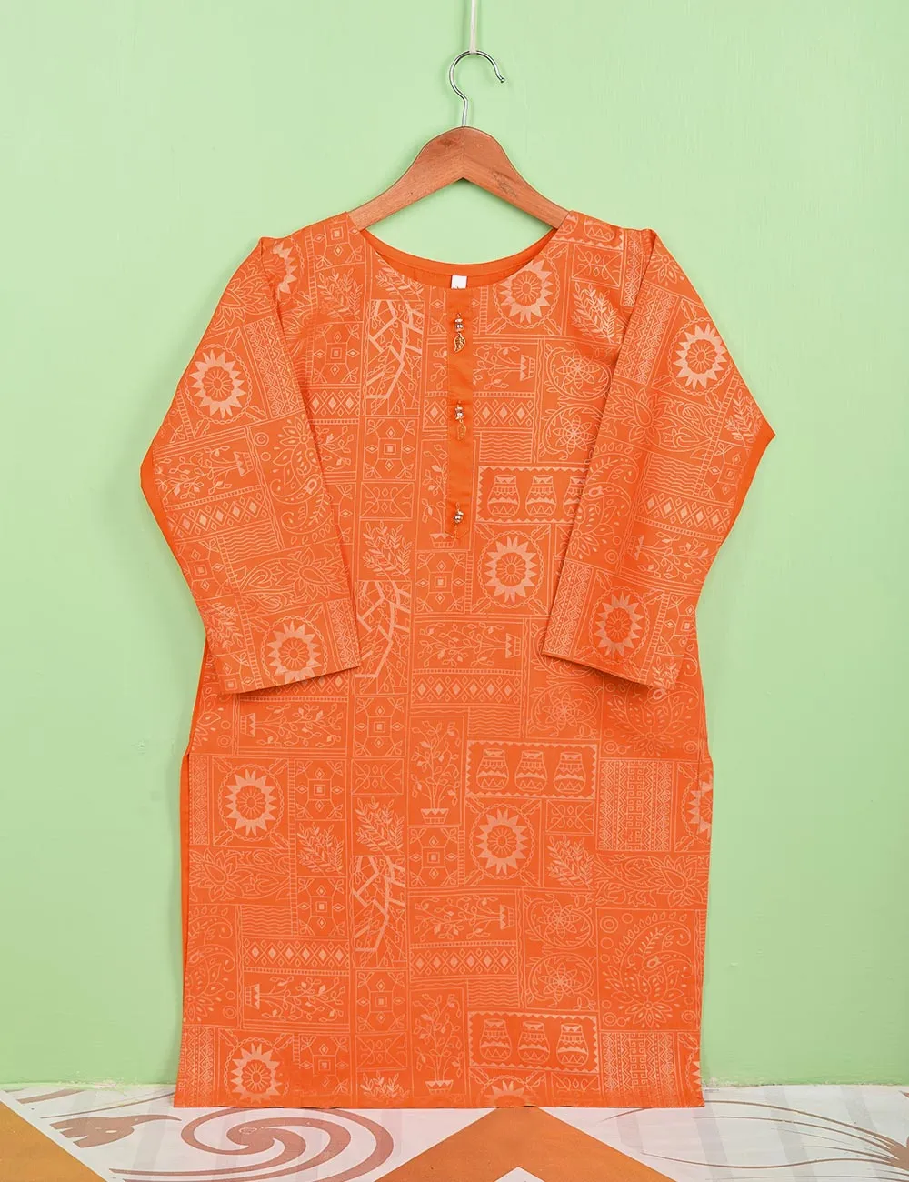 Cotton Printed Stitched Kurti Embellished With Tassels On Neckline - (TS-074A-Orange)