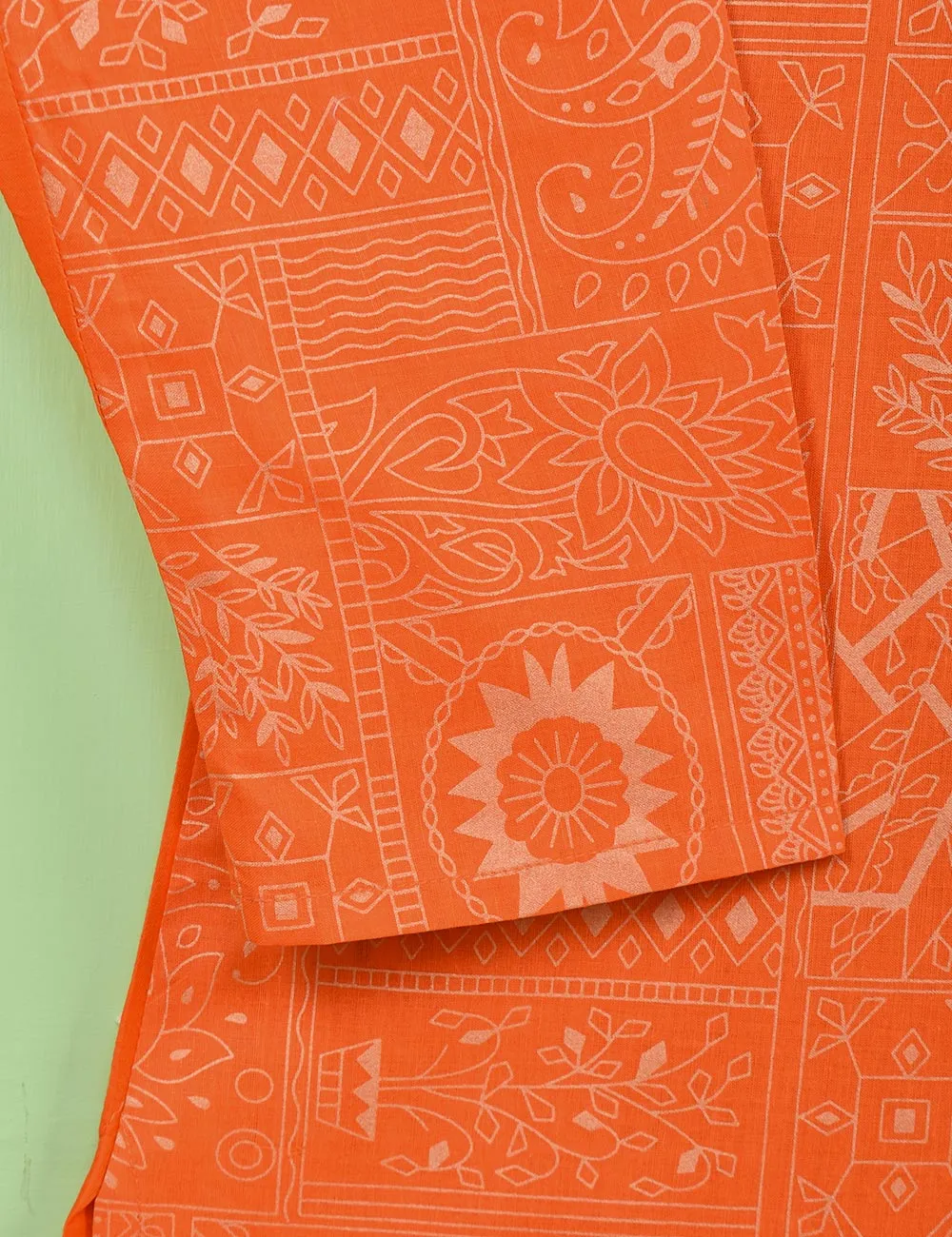 Cotton Printed Stitched Kurti Embellished With Tassels On Neckline - (TS-074A-Orange)
