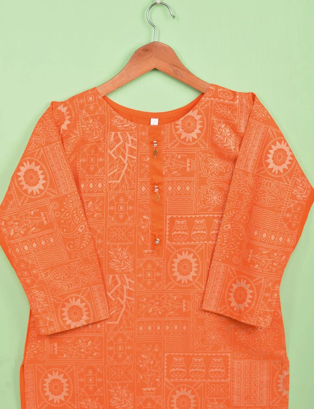 Cotton Printed Stitched Kurti Embellished With Tassels On Neckline - (TS-074A-Orange)