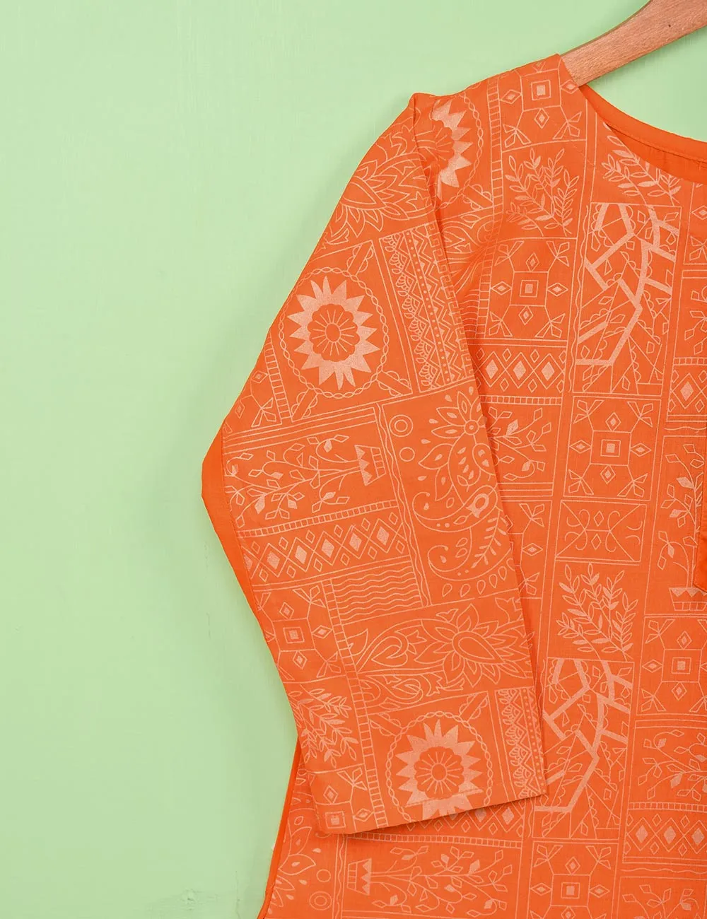 Cotton Printed Stitched Kurti Embellished With Tassels On Neckline - (TS-074A-Orange)