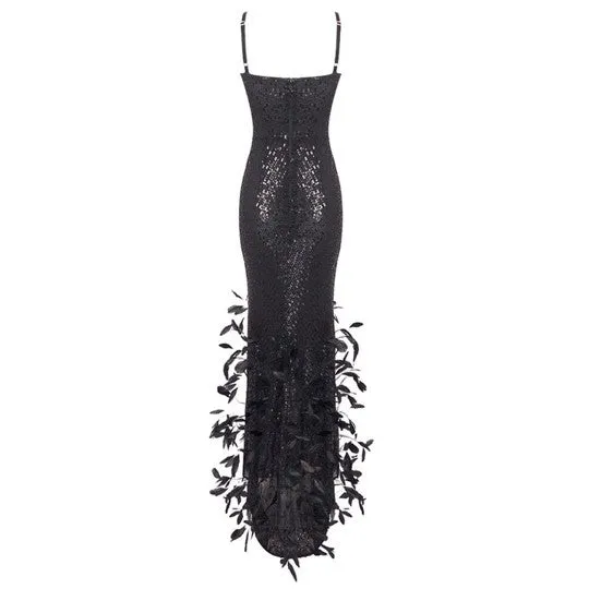 Couture Feather Sequined Evening Dress