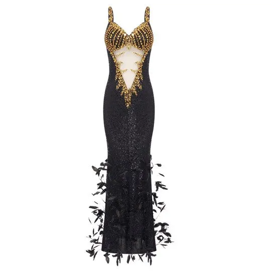 Couture Feather Sequined Evening Dress