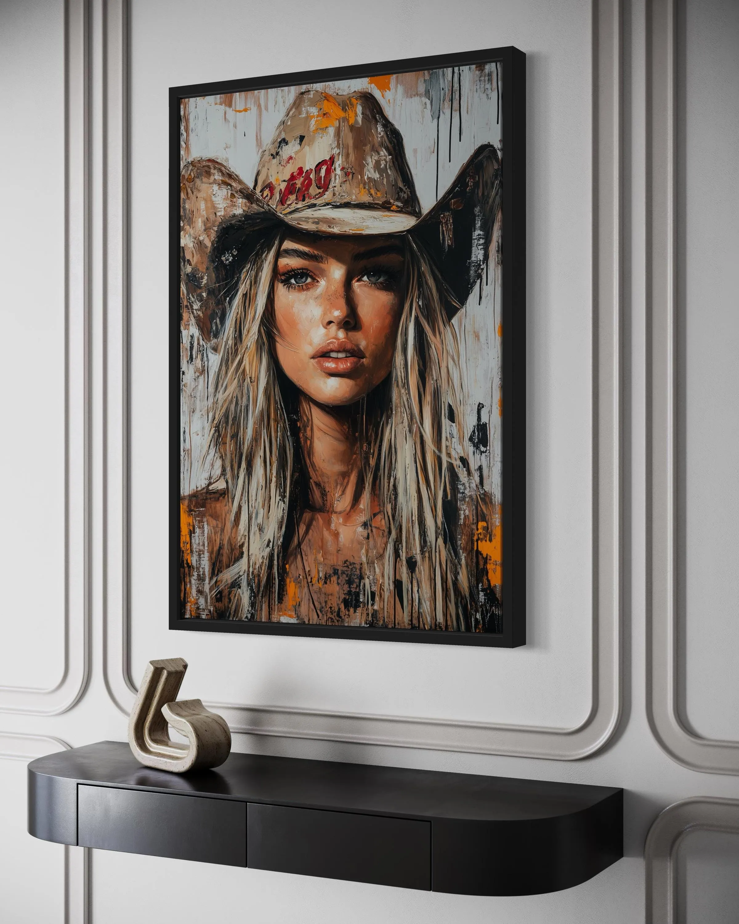 Cowgirl Rustic Graffiti Portrait Framed Canvas Wall Art