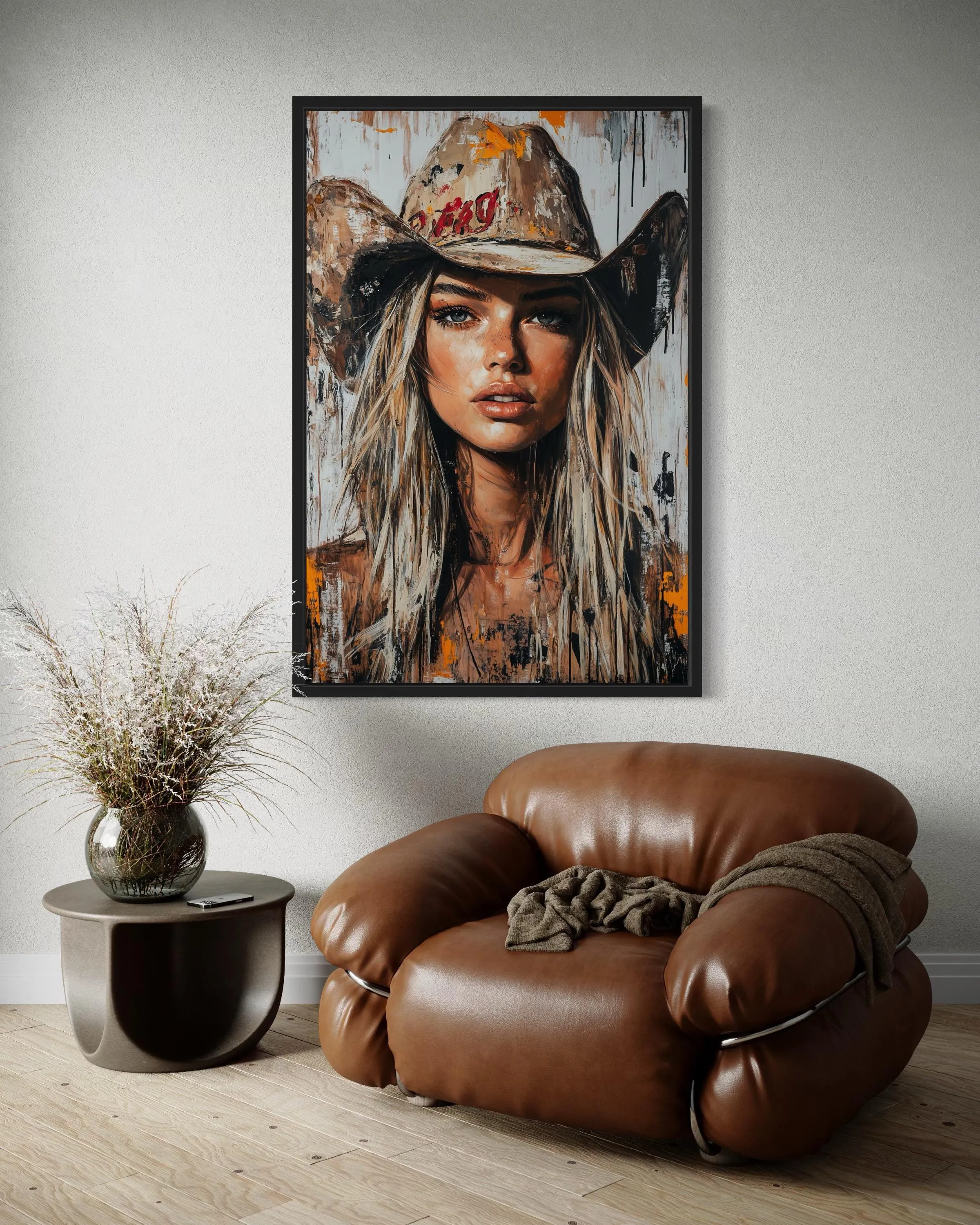 Cowgirl Rustic Graffiti Portrait Framed Canvas Wall Art