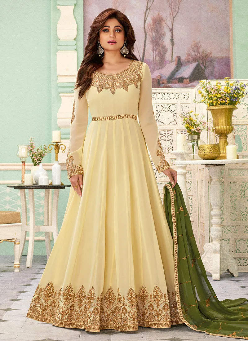 Cream And Green Designer Anarkali Suit