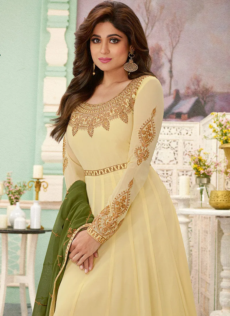 Cream And Green Designer Anarkali Suit