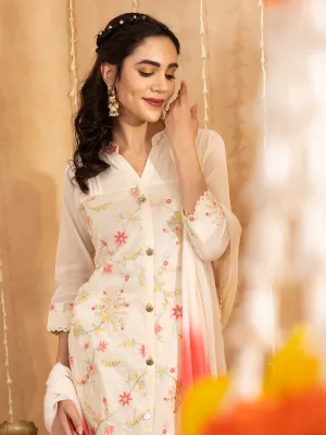 Cream Chanderi Silk Suit Set with Net Dupatta - Zola