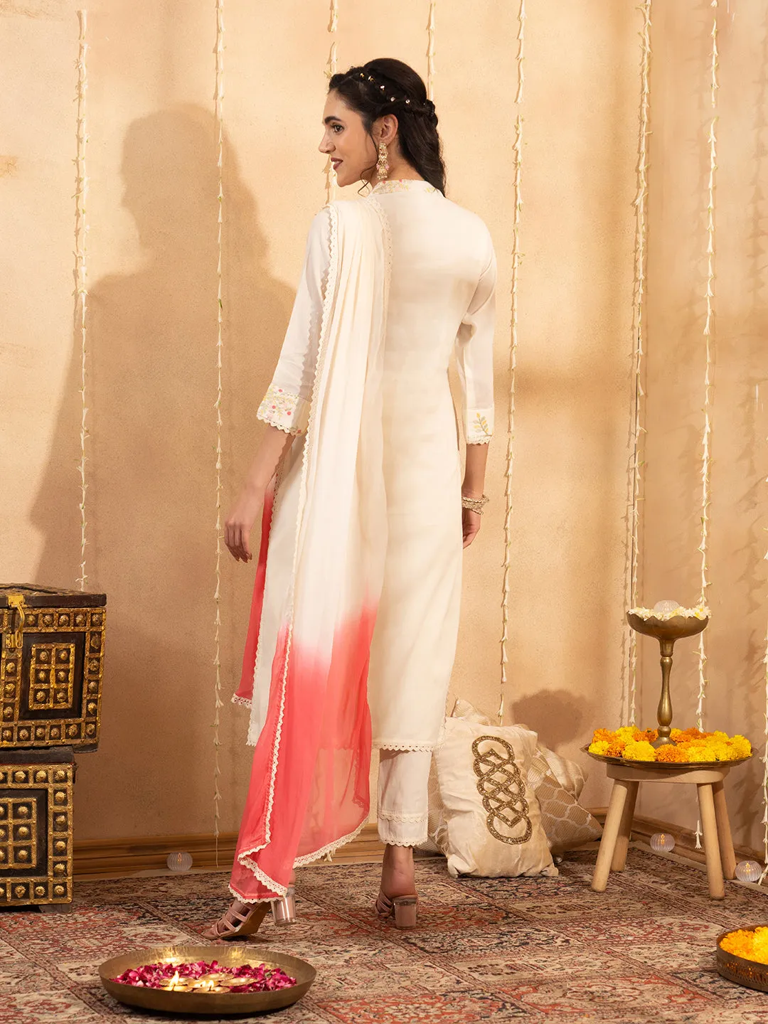 Cream Chanderi Silk Suit Set with Net Dupatta - Zola
