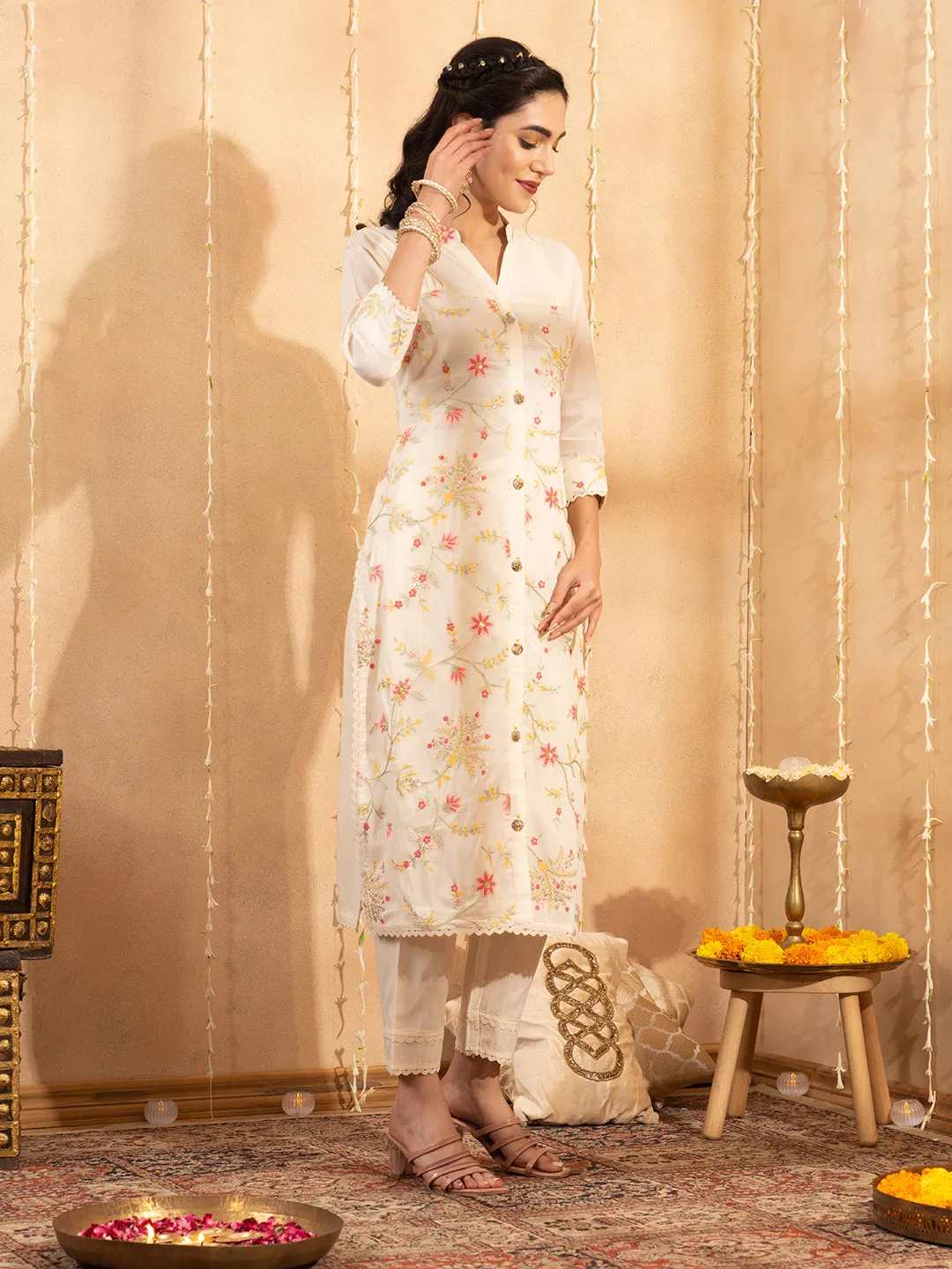 Cream Chanderi Silk Suit Set with Net Dupatta - Zola