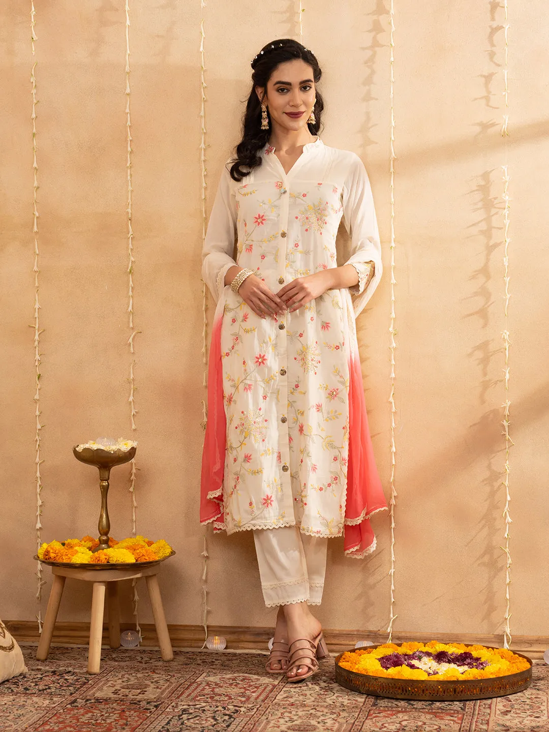 Cream Chanderi Silk Suit Set with Net Dupatta - Zola