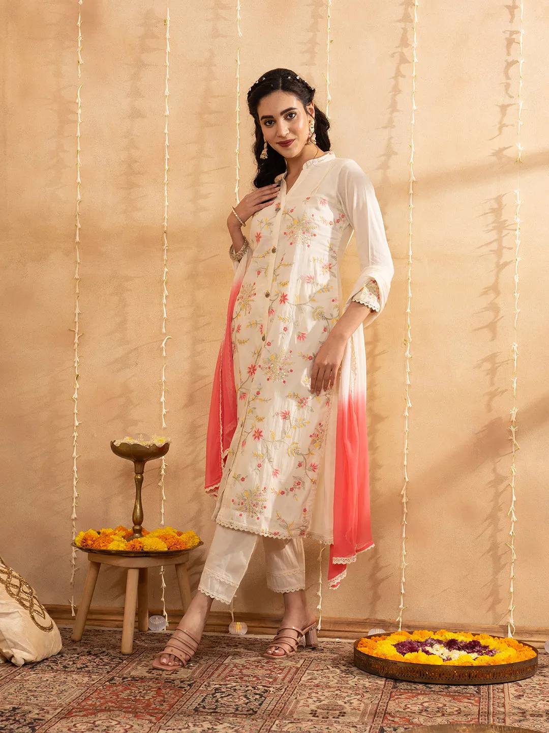 Cream Chanderi Silk Suit Set with Net Dupatta - Zola