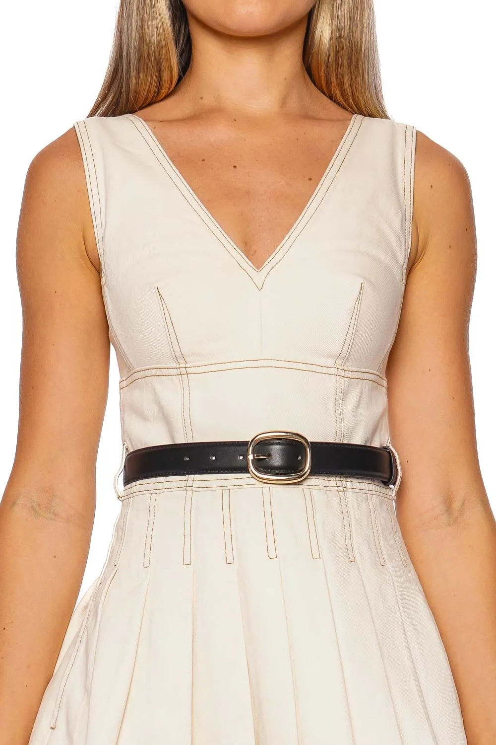 Cream Denim Belted Mini Dress