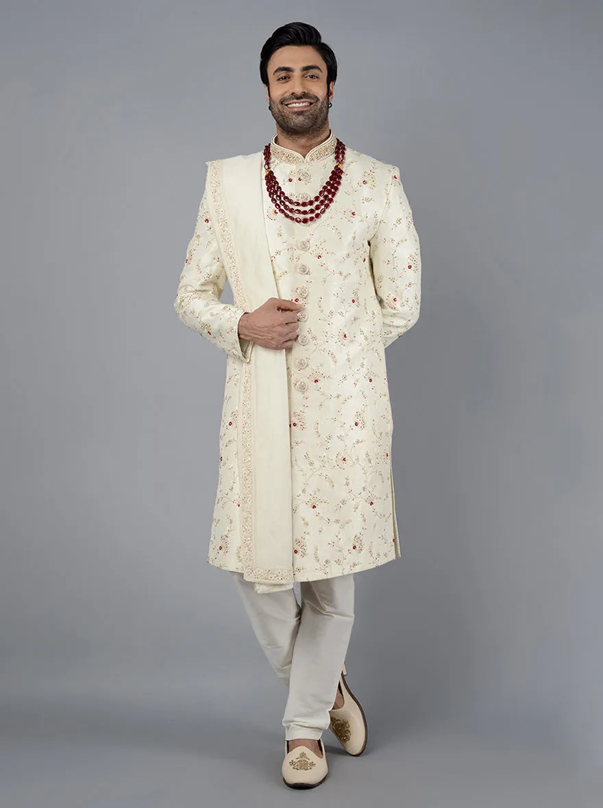 Cream Embroidered Regular Fit Sherwani | Azania