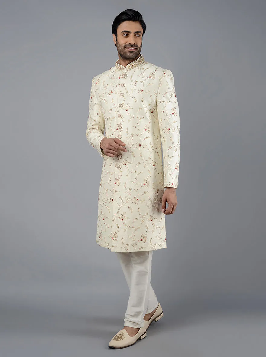 Cream Embroidered Regular Fit Sherwani | Azania