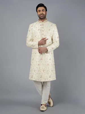 Cream Embroidered Regular Fit Sherwani | Azania