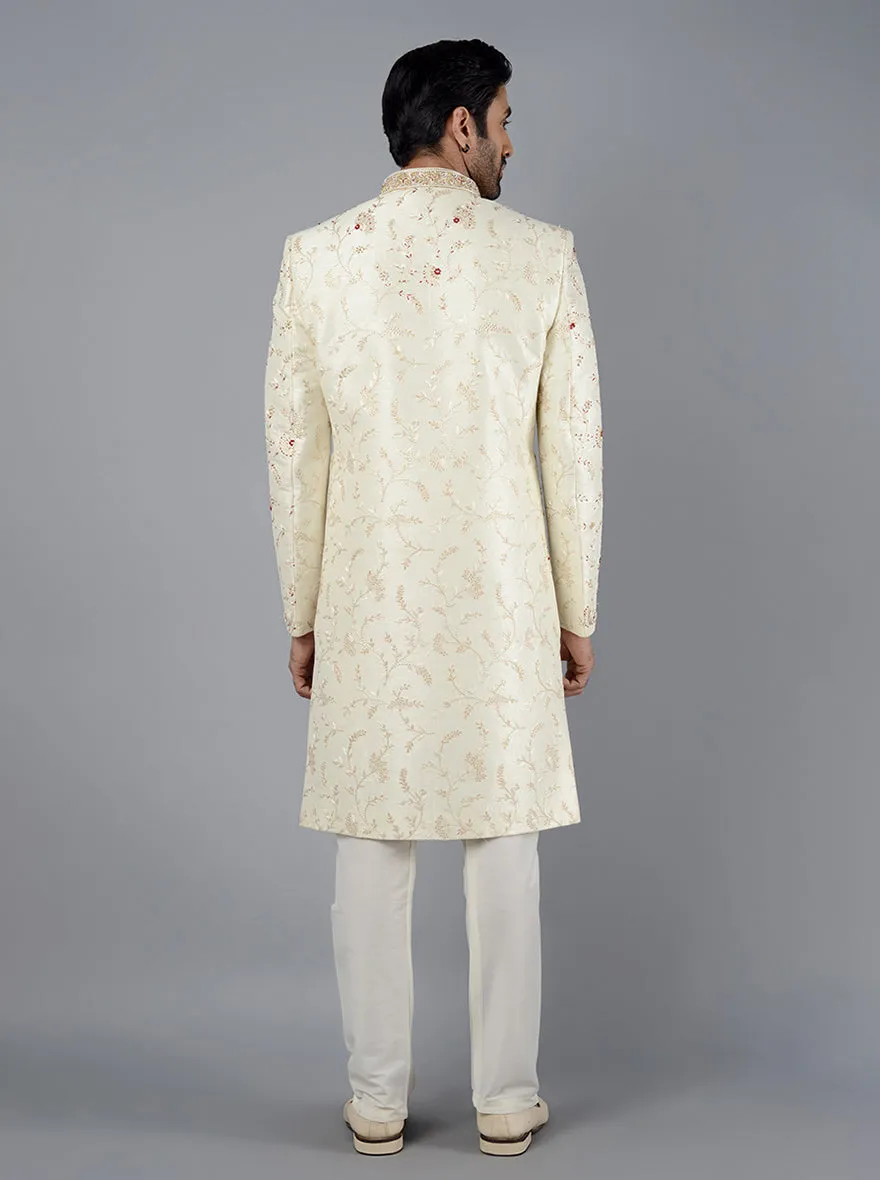 Cream Embroidered Regular Fit Sherwani | Azania