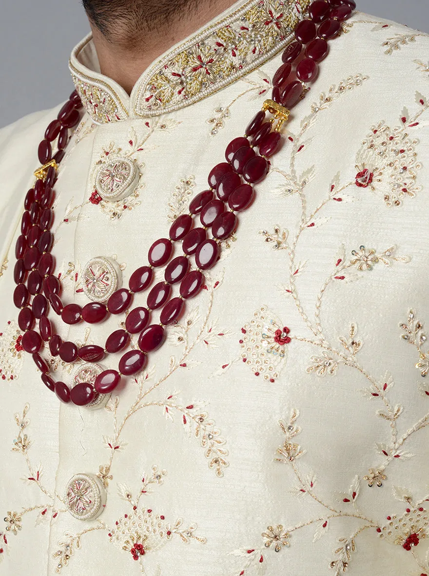 Cream Embroidered Regular Fit Sherwani | Azania