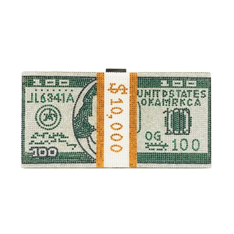 Creative Fashion New Money Clutch Rhinestone Purse 10000 Dollars Stack Bags of Cash Evening Handbags Shoulder Wedding Dinner Bag