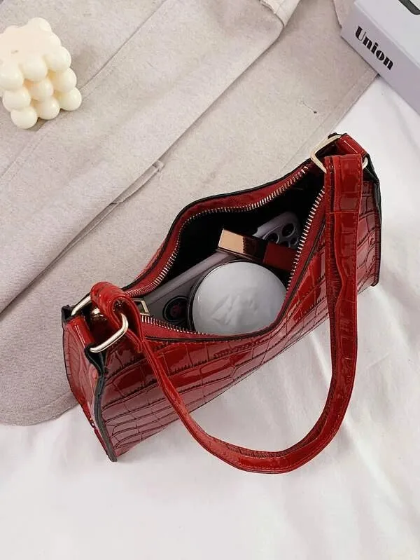 Croc Embossed Shoulder Bag - Red  - FD ⚡