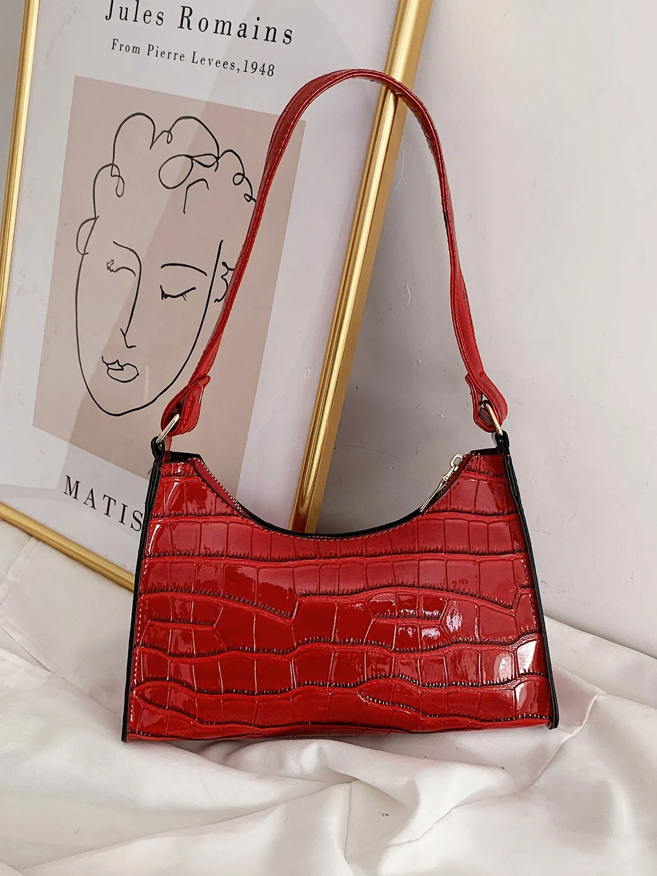 Croc Embossed Shoulder Bag - Red  - FD ⚡