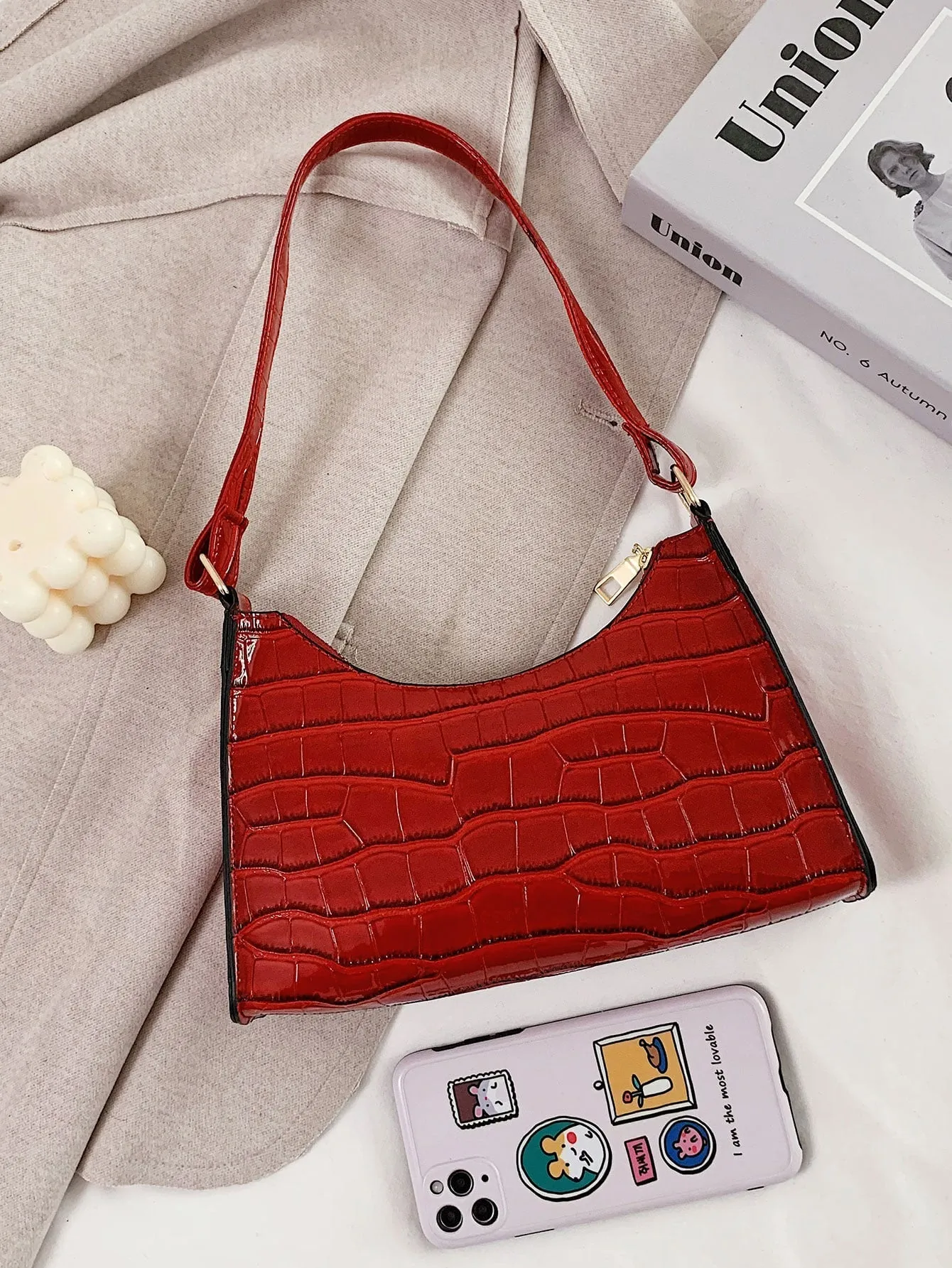 Croc Embossed Shoulder Bag - Red  - FD ⚡