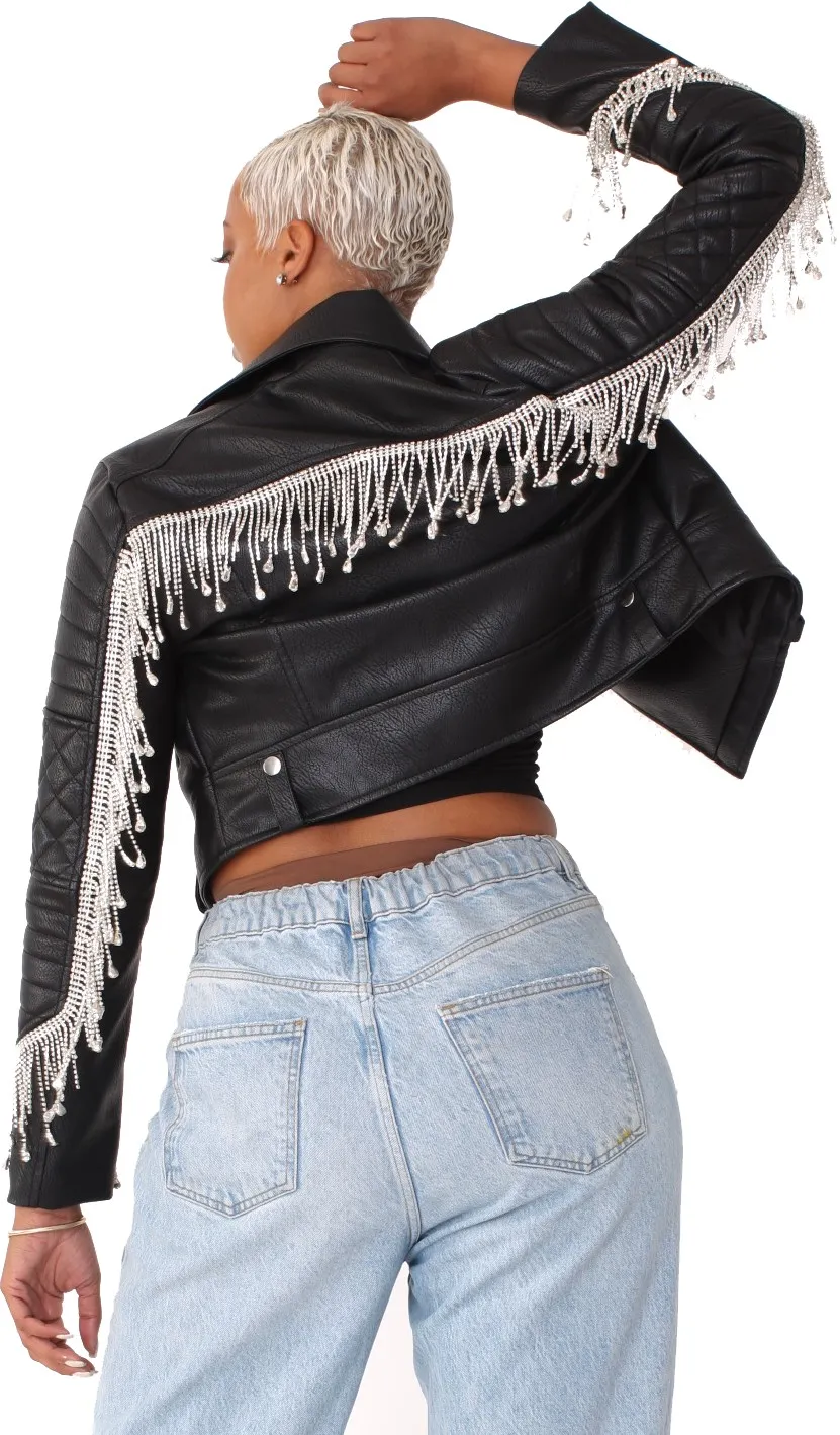 Cropped Leather Jacket with Fringe Details -82064