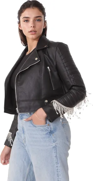 Cropped Leather Jacket with Fringe Details -82064