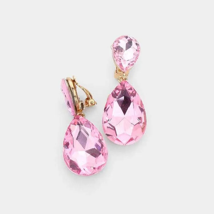 Crystal Pink Double Teardrop Clip On Evening Earrings