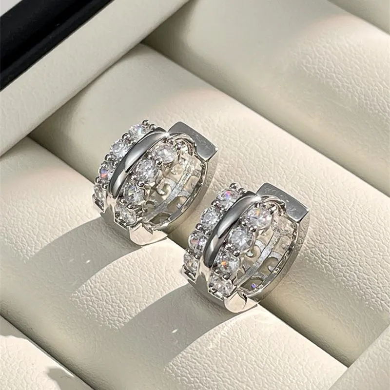 Cubic Zirconia Pave Circle Silver-Plated Huggie Earrings