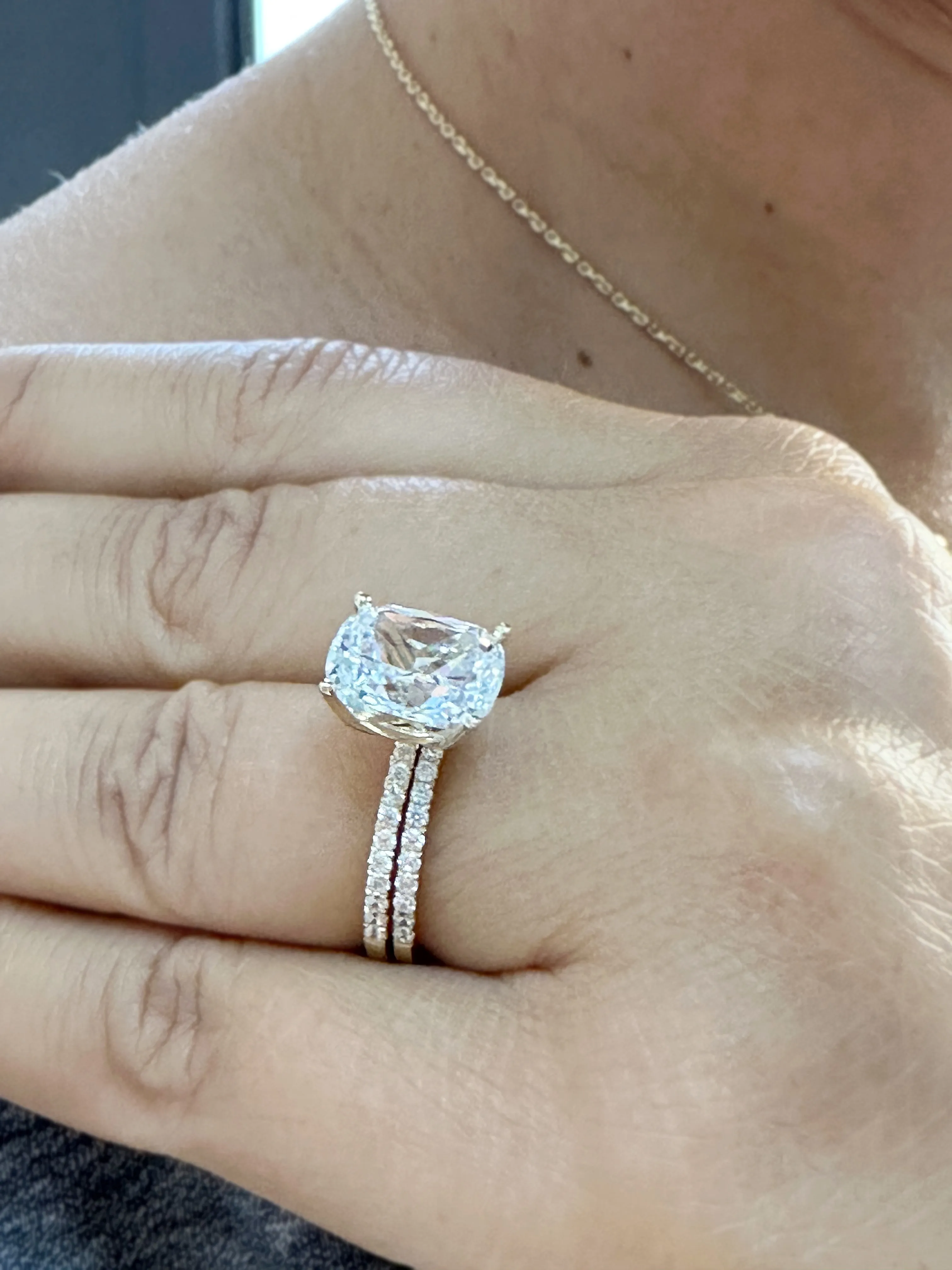 Cushion Cut Moissanite And Round Cut Sides Engagement Ring And Band 14K Solid Yellow Gold Four Prong set Half Eternity Minimalist 5.20ctw