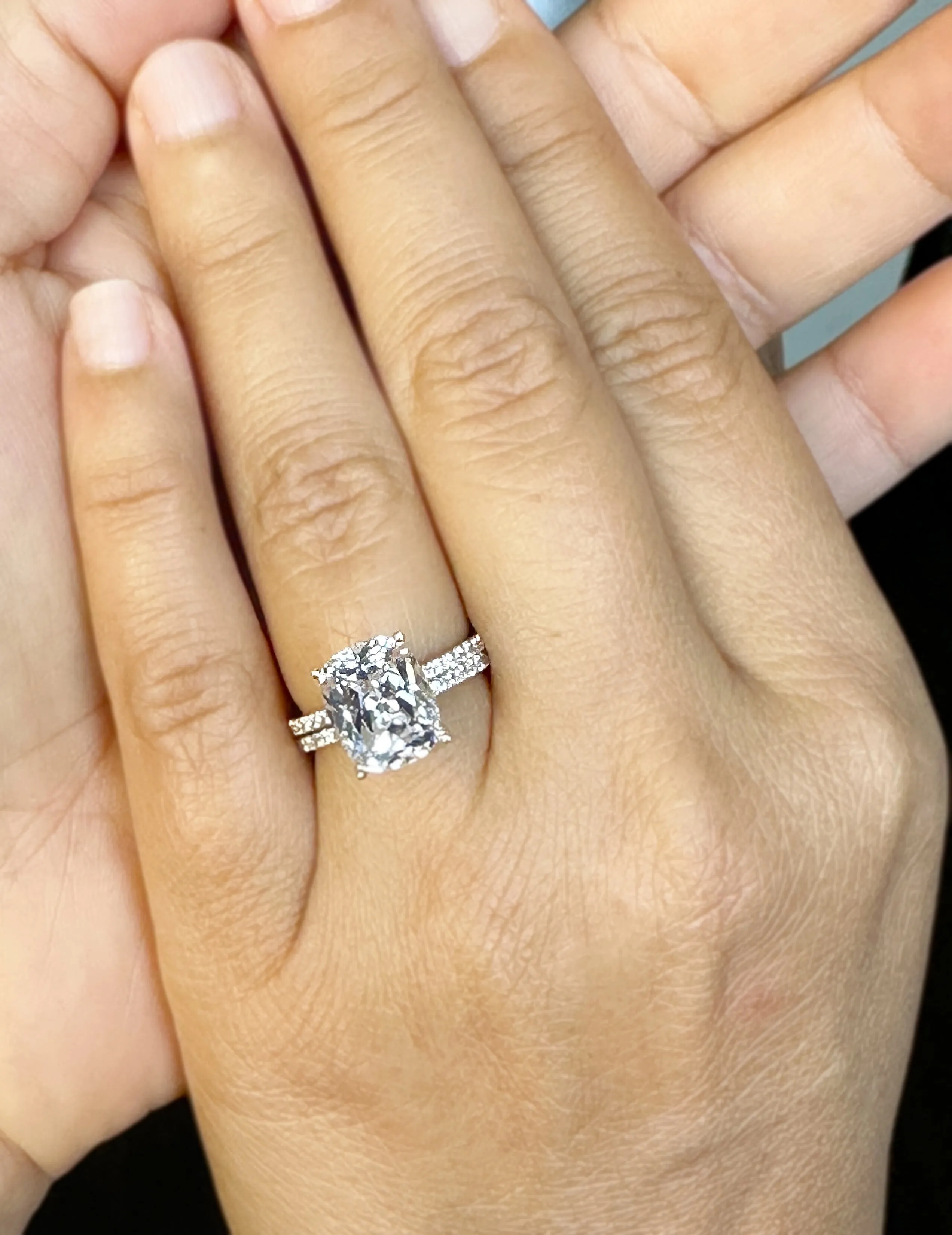 Cushion Cut Moissanite And Round Cut Sides Engagement Ring And Band 14K Solid Yellow Gold Four Prong set Half Eternity Minimalist 5.20ctw