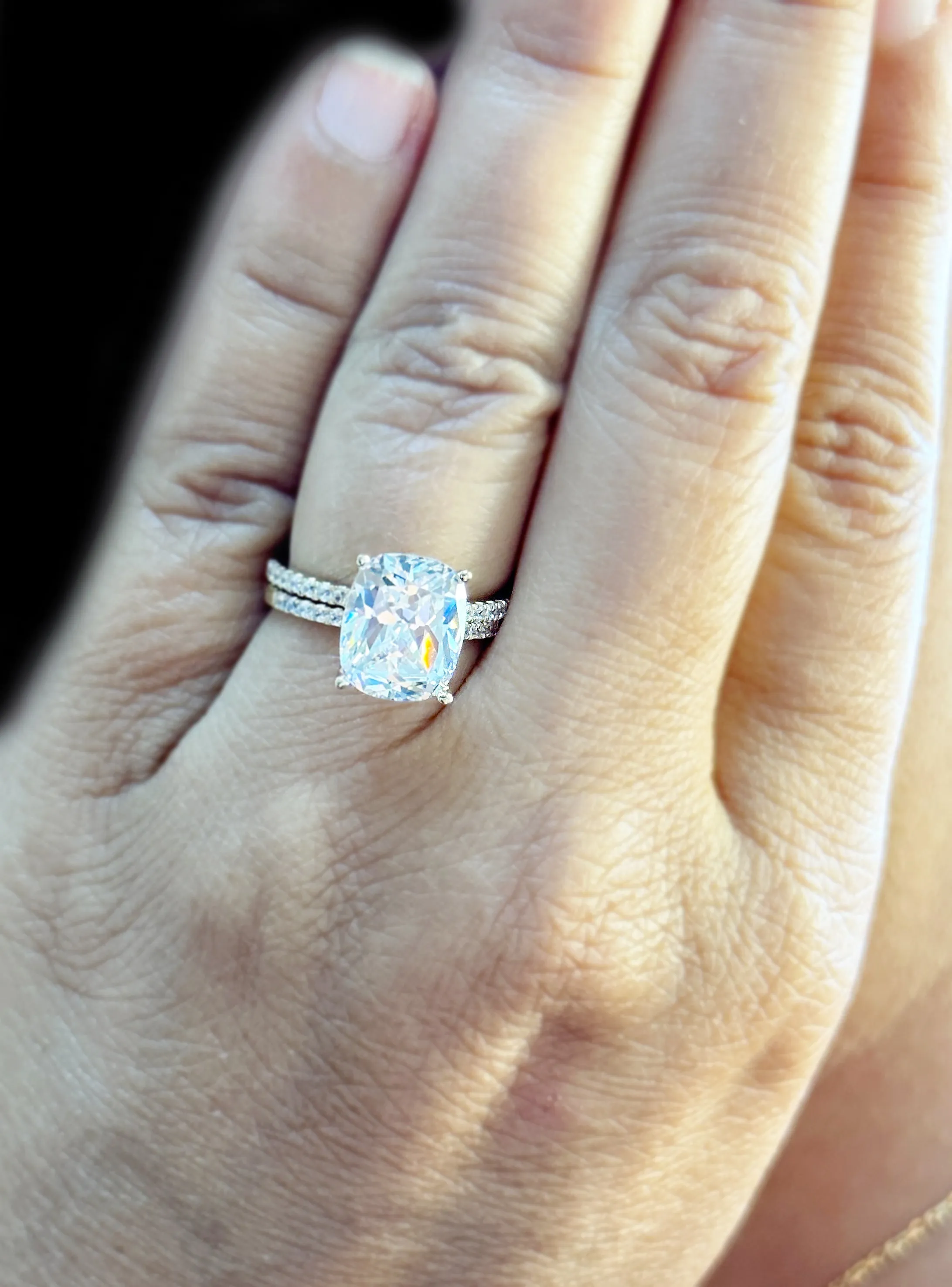Cushion Cut Moissanite And Round Cut Sides Engagement Ring And Band 14K Solid Yellow Gold Four Prong set Half Eternity Minimalist 5.20ctw