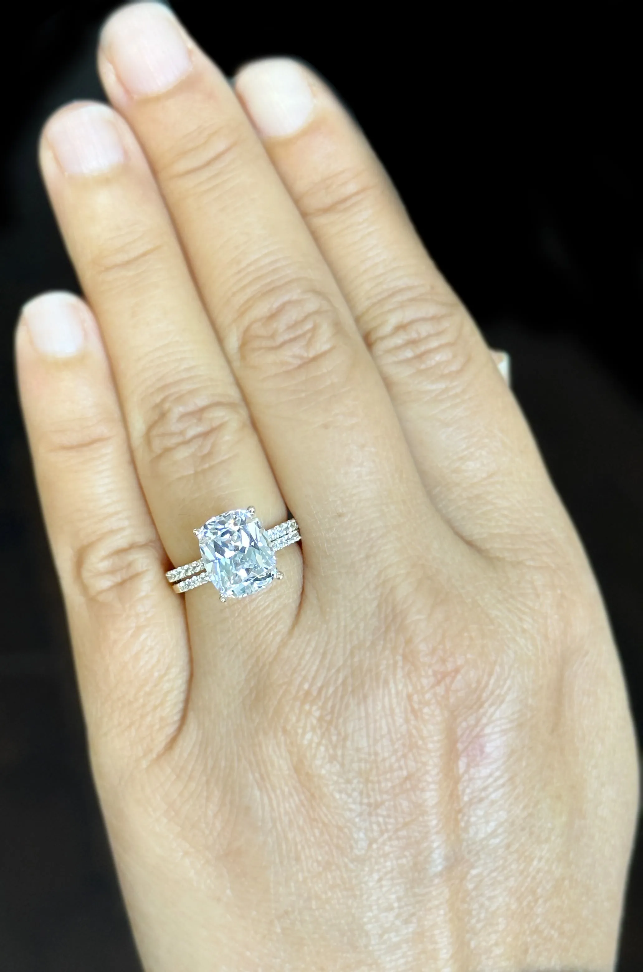 Cushion Cut Moissanite And Round Cut Sides Engagement Ring And Band 14K Solid Yellow Gold Four Prong set Half Eternity Minimalist 5.20ctw