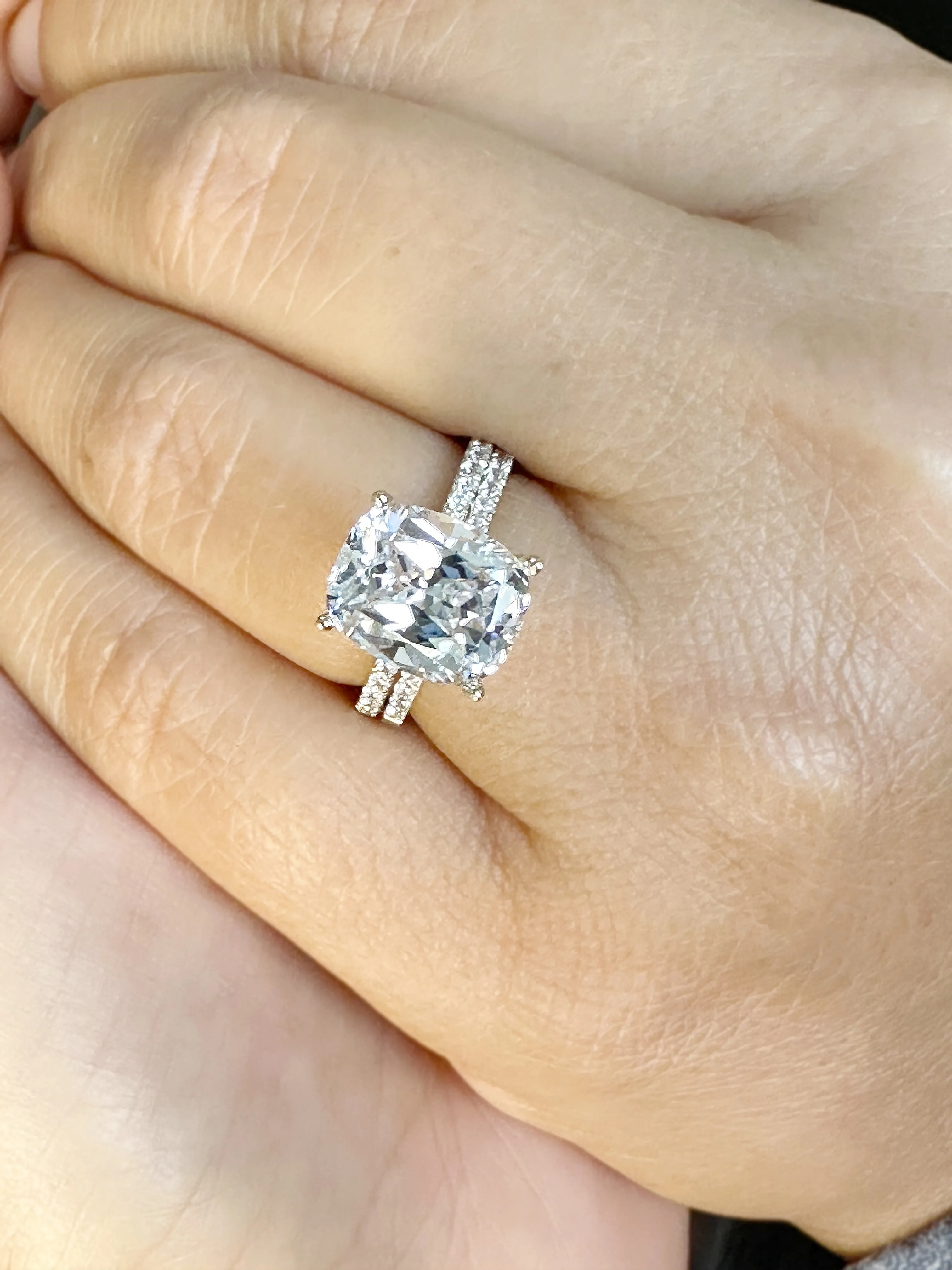 Cushion Cut Moissanite And Round Cut Sides Engagement Ring And Band 14K Solid Yellow Gold Four Prong set Half Eternity Minimalist 5.20ctw