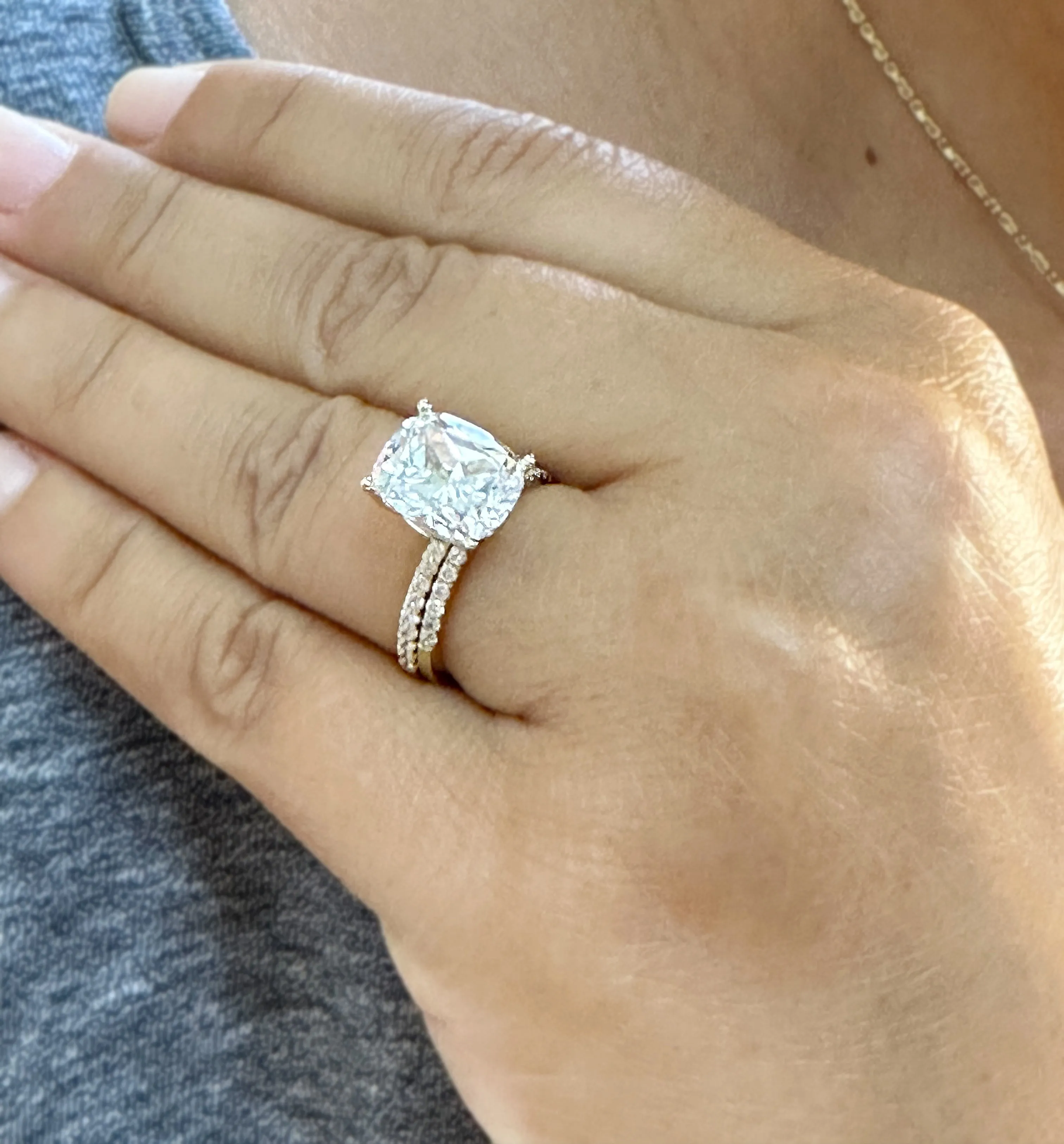 Cushion Cut Moissanite And Round Cut Sides Engagement Ring And Band 14K Solid Yellow Gold Four Prong set Half Eternity Minimalist 5.20ctw