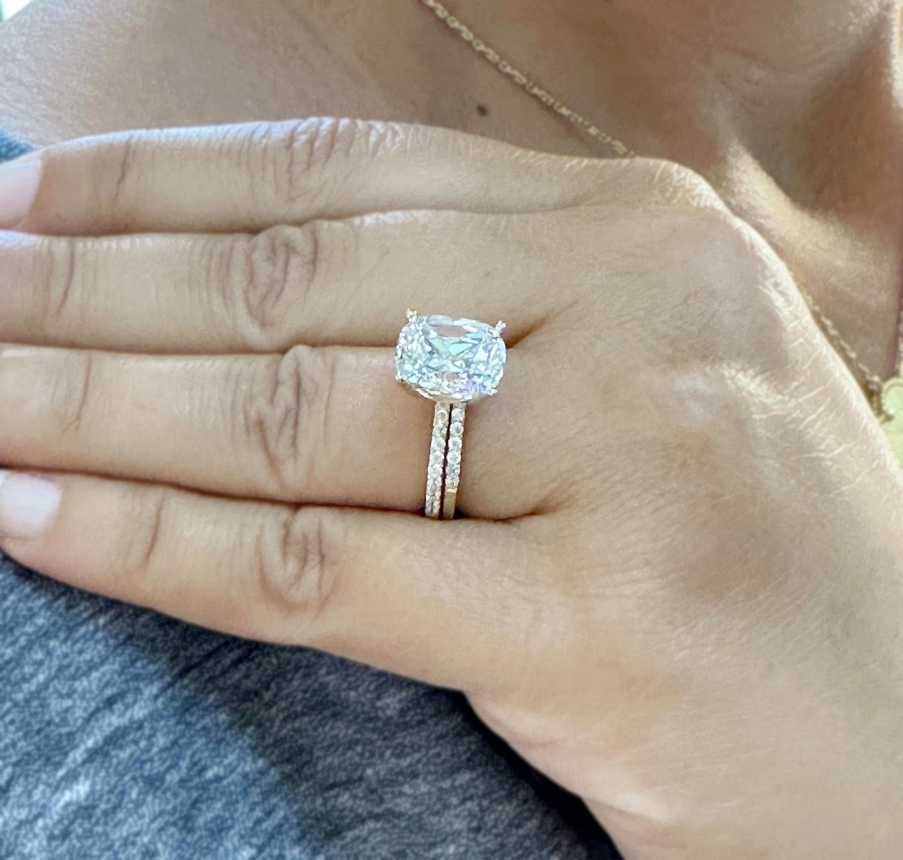 Cushion Cut Moissanite And Round Cut Sides Engagement Ring And Band 14K Solid Yellow Gold Four Prong set Half Eternity Minimalist 5.20ctw