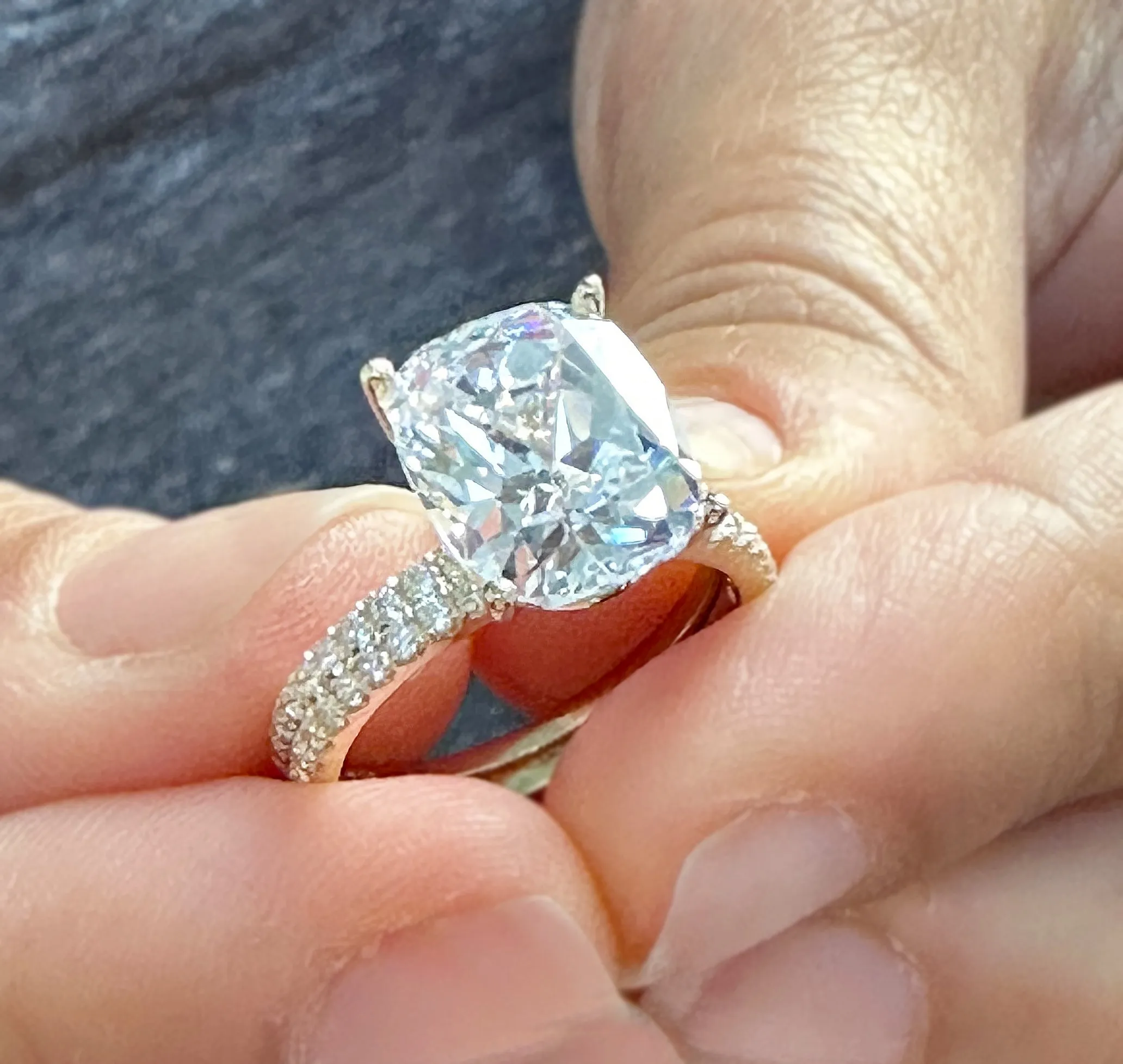 Cushion Cut Moissanite And Round Cut Sides Engagement Ring And Band 14K Solid Yellow Gold Four Prong set Half Eternity Minimalist 5.20ctw