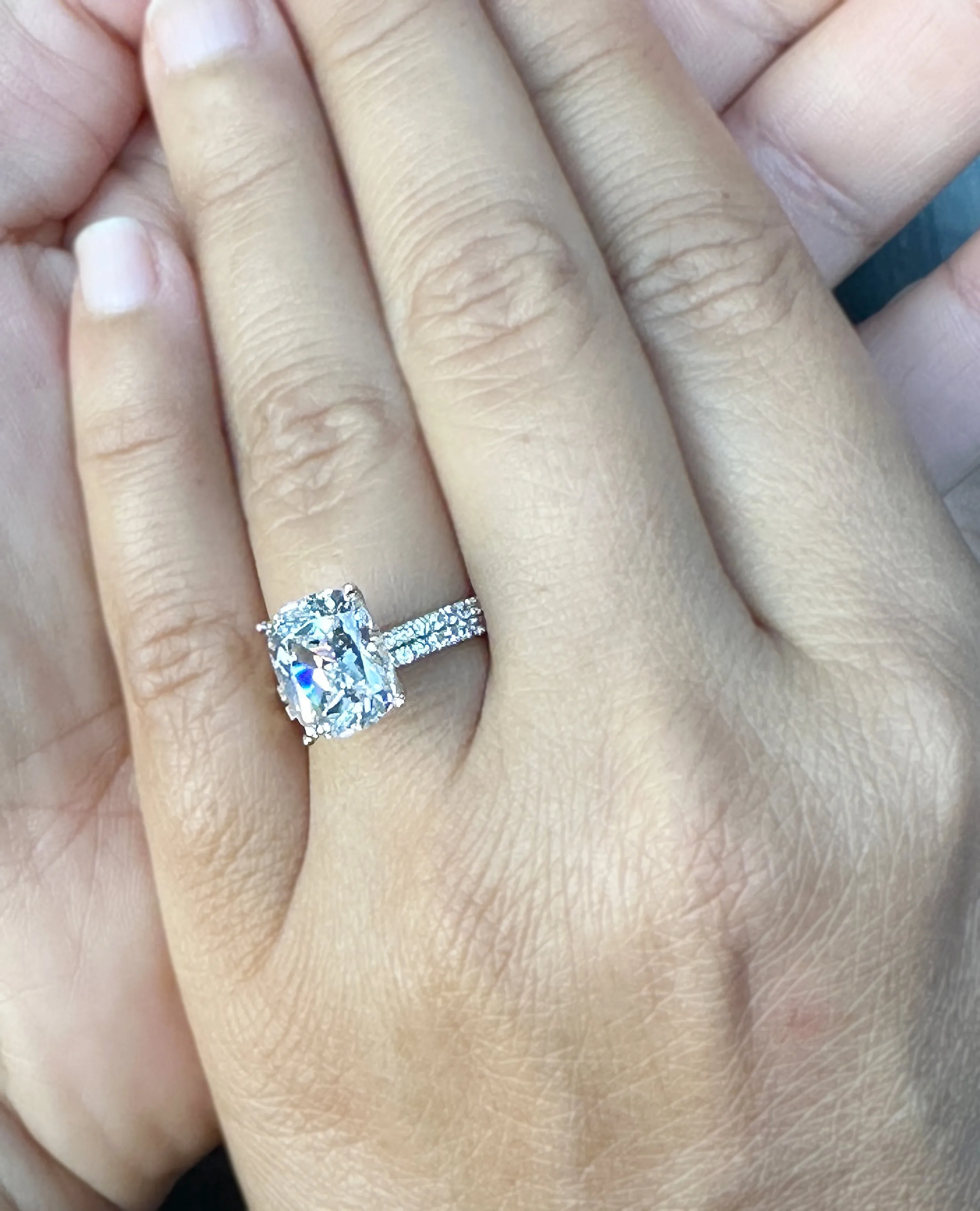 Cushion Cut Moissanite And Round Cut Sides Engagement Ring And Band 14K Solid Yellow Gold Four Prong set Half Eternity Minimalist 5.20ctw