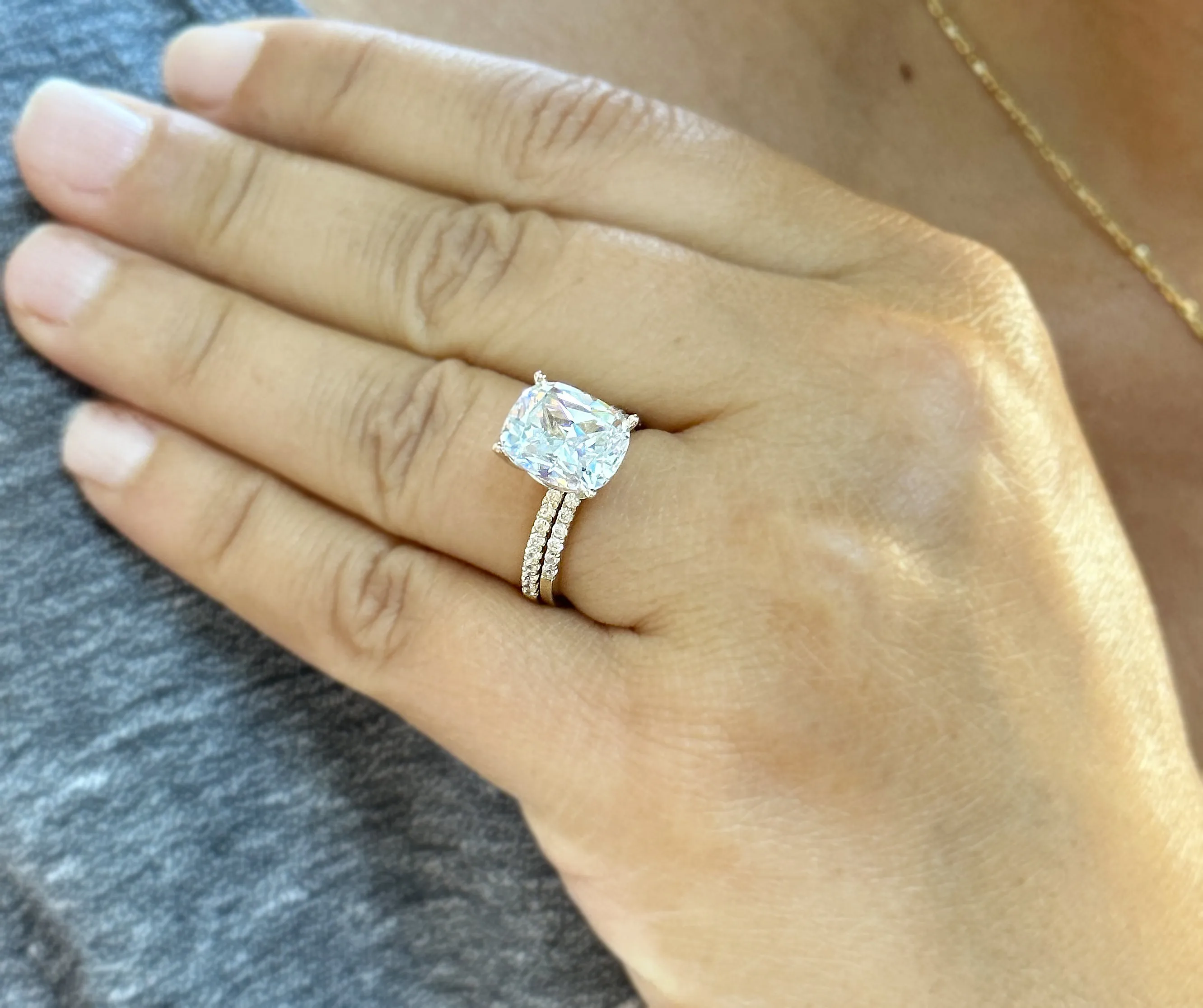 Cushion Cut Moissanite And Round Cut Sides Engagement Ring And Band 14K Solid Yellow Gold Four Prong set Half Eternity Minimalist 5.20ctw