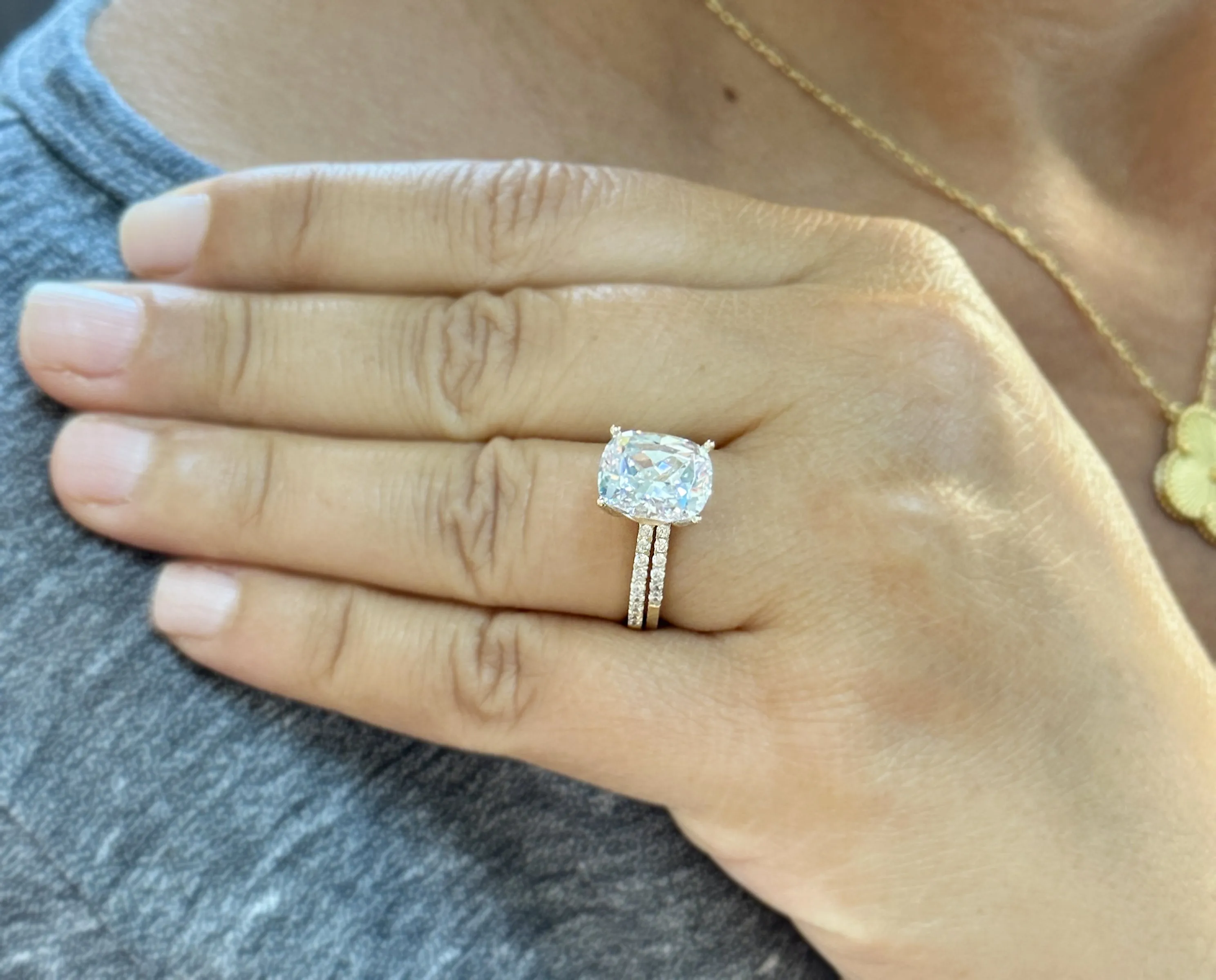 Cushion Cut Moissanite And Round Cut Sides Engagement Ring And Band 14K Solid Yellow Gold Four Prong set Half Eternity Minimalist 5.20ctw