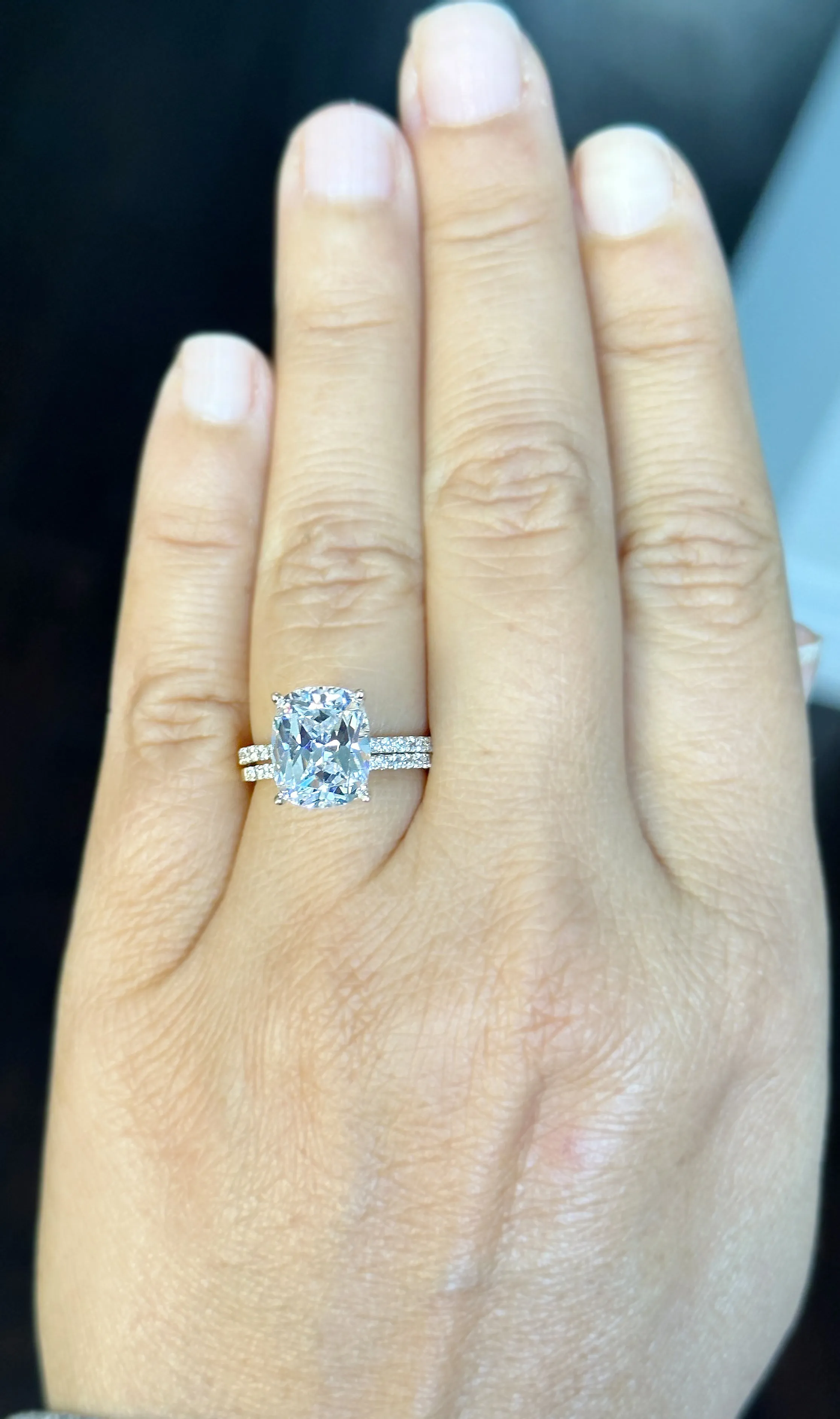 Cushion Cut Moissanite And Round Cut Sides Engagement Ring And Band 14K Solid Yellow Gold Four Prong set Half Eternity Minimalist 5.20ctw