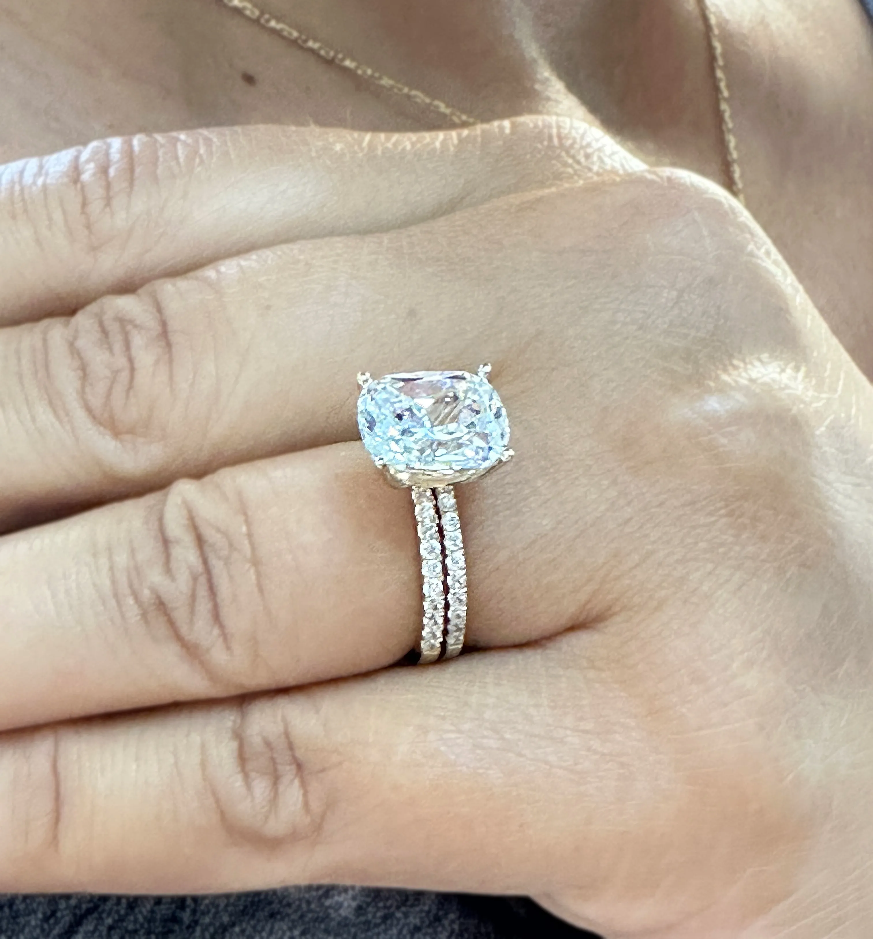Cushion Cut Moissanite And Round Cut Sides Engagement Ring And Band 14K Solid Yellow Gold Four Prong set Half Eternity Minimalist 5.20ctw