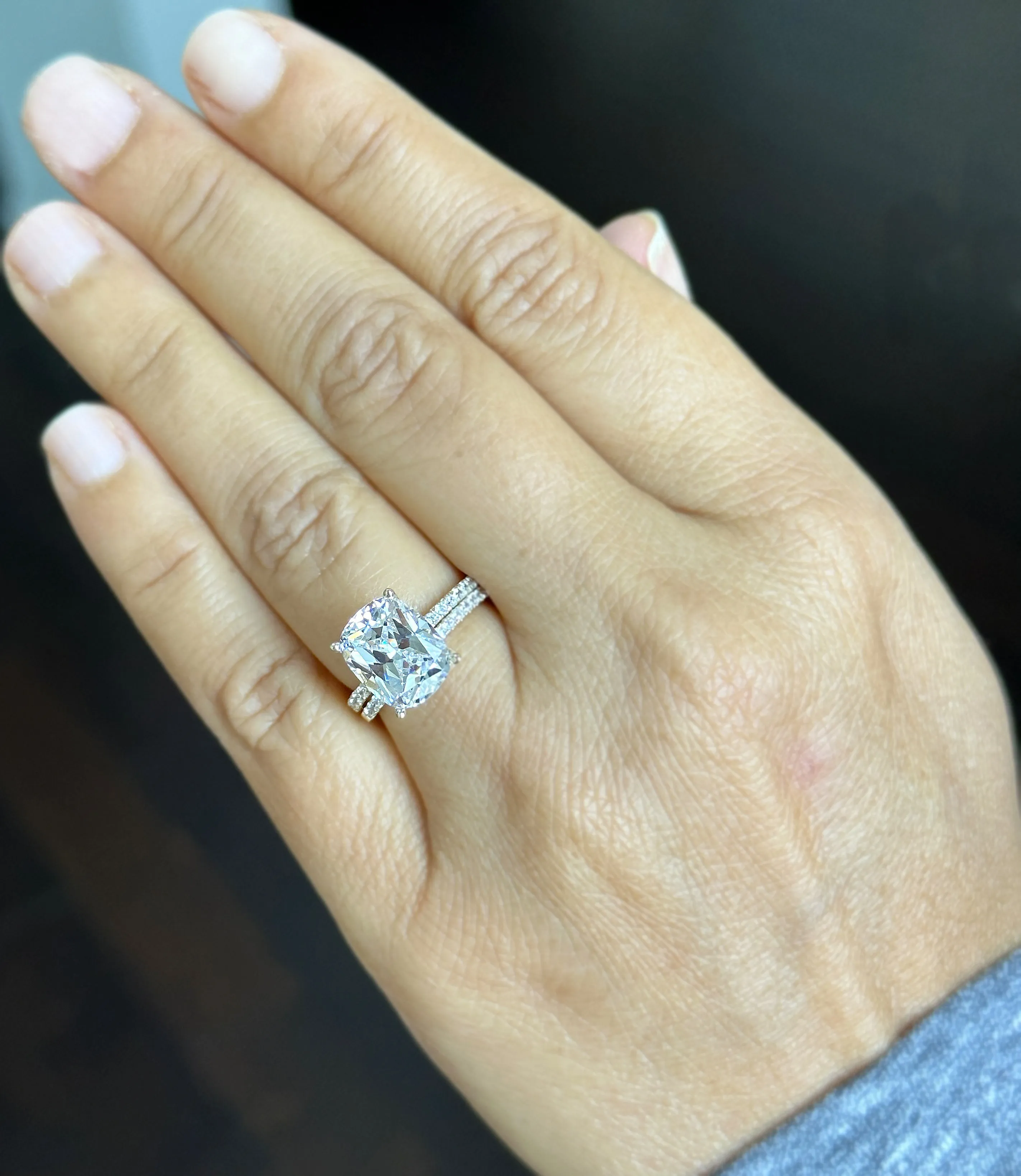 Cushion Cut Moissanite And Round Cut Sides Engagement Ring And Band 14K Solid Yellow Gold Four Prong set Half Eternity Minimalist 5.20ctw