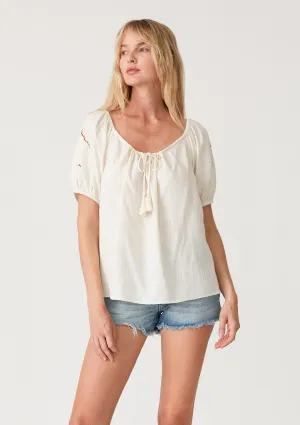 Cutout Embroidered Puff Sleeve Tassel Tie Blouse