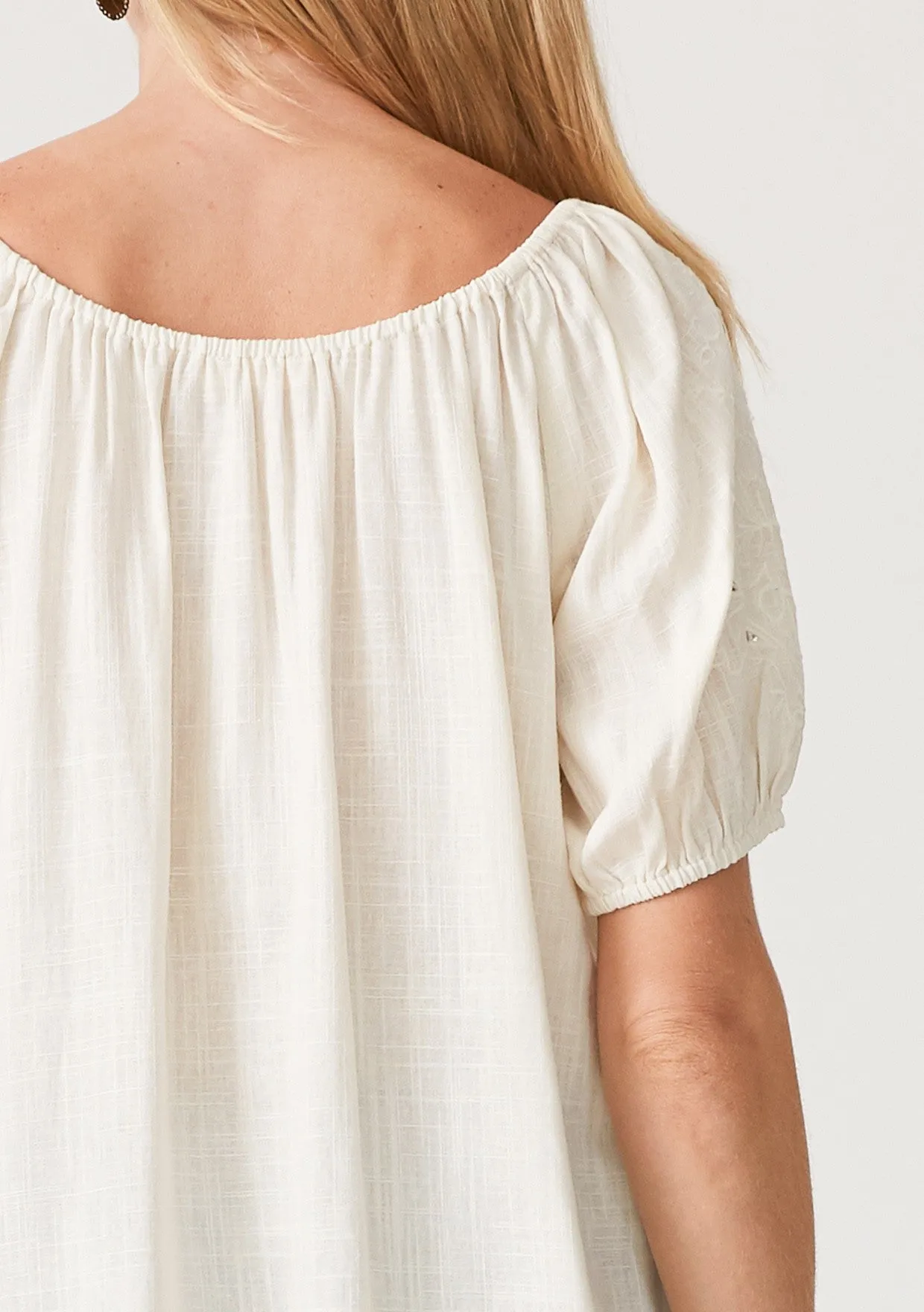 Cutout Embroidered Puff Sleeve Tassel Tie Blouse