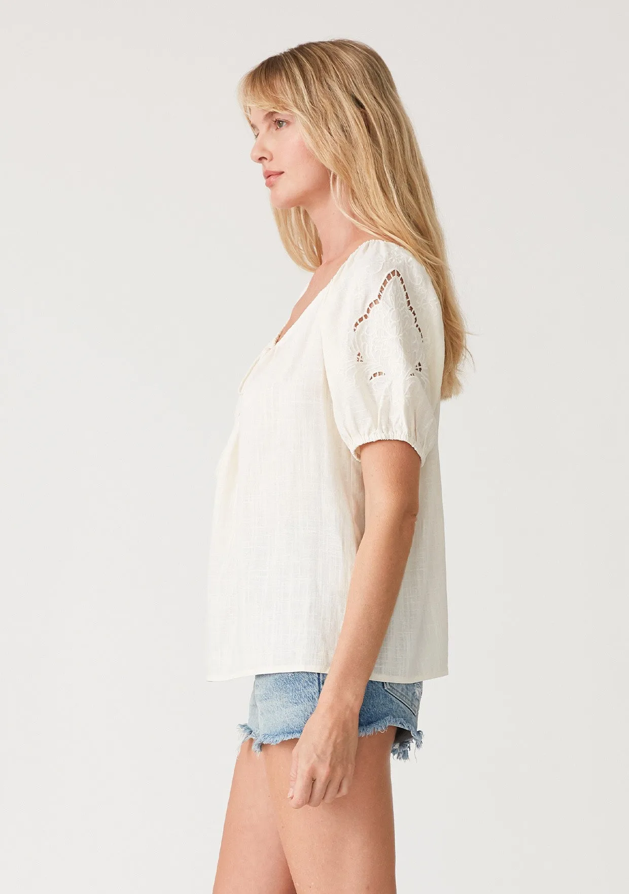 Cutout Embroidered Puff Sleeve Tassel Tie Blouse